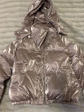 Light Pink Metallic Puffer Coat with Detachable Hood